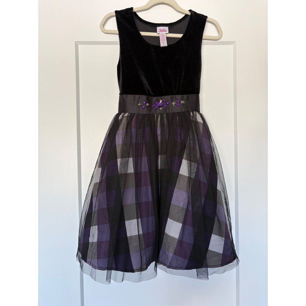 Justice Girls Black Velvet Purple Plaid Tulle Party Dress Rhinestone Studded 7